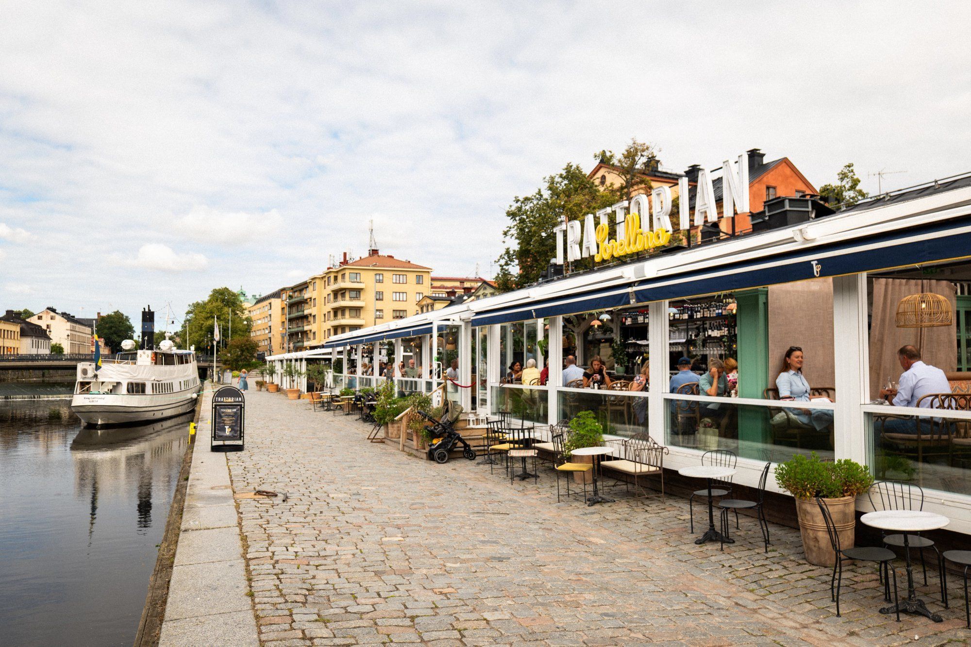 Exteriör – Trattorian Sorellina vid Hamnplan och Fyrisån i Uppsala