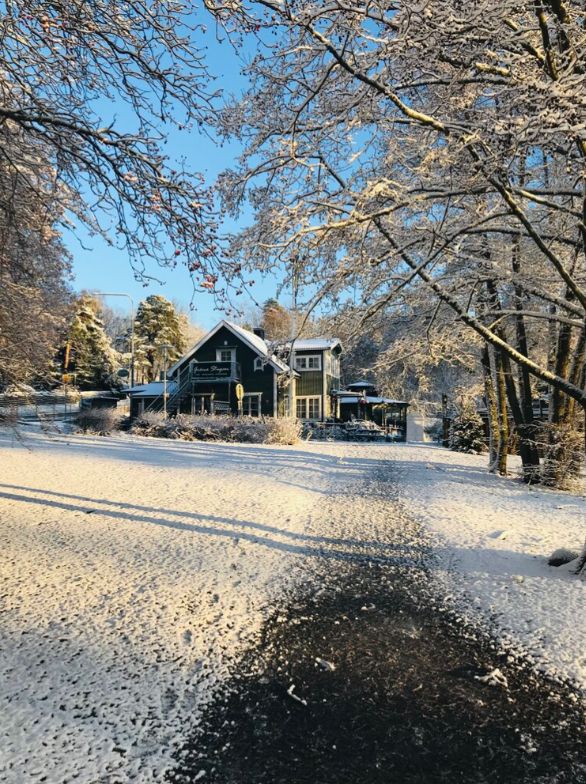 Exteriör – Gröna Stugans trähus bland snötäckta träd en solig vinterdag i Sundbyberg